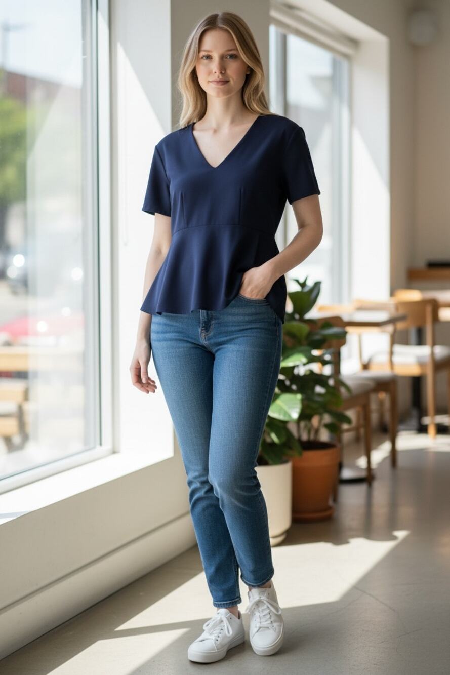 MEG Top Size XS Navy Blue V Neck Peplum-ish Hips Blouse